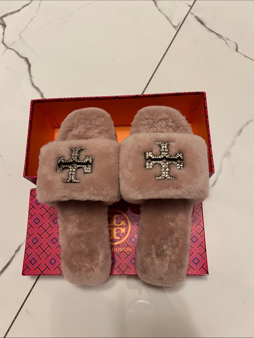 Tory Burch Blush Pink Faux Fur Slide Sandals with Crystal Logo